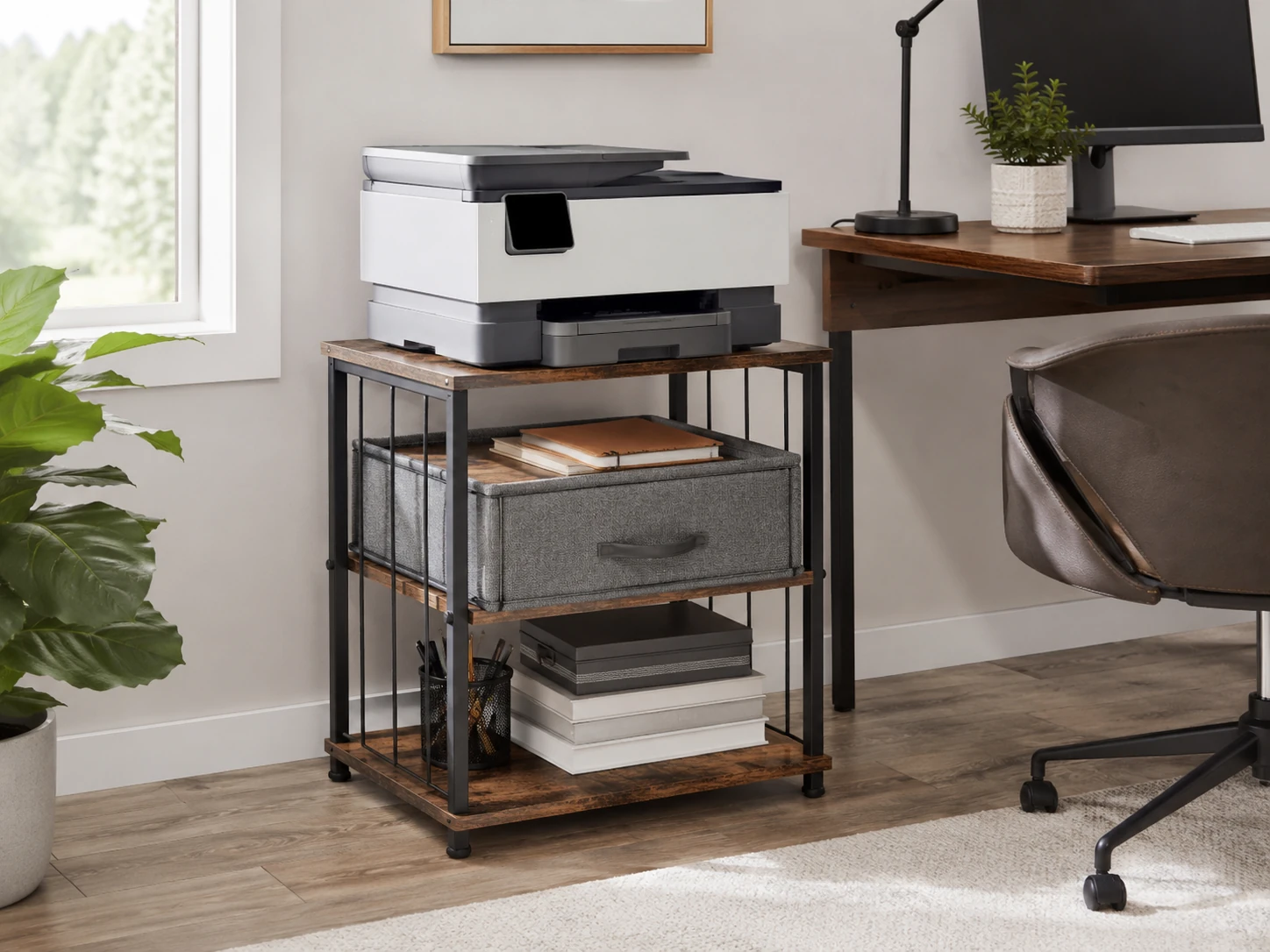 VYUOL 3-Tier Printer Stand with Fabric Drawer, Dual-Rod Support, Rustic Brown