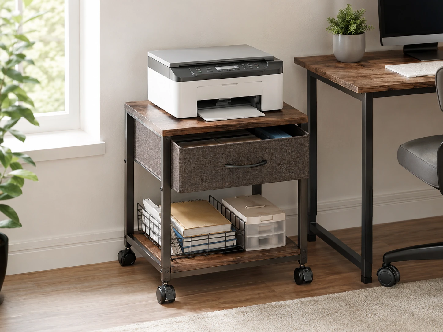 YAOHUOO 22x15 Printer Stand with Fabric Drawer, 2-Tier Rolling Cart, 88 lbs Per Shelf