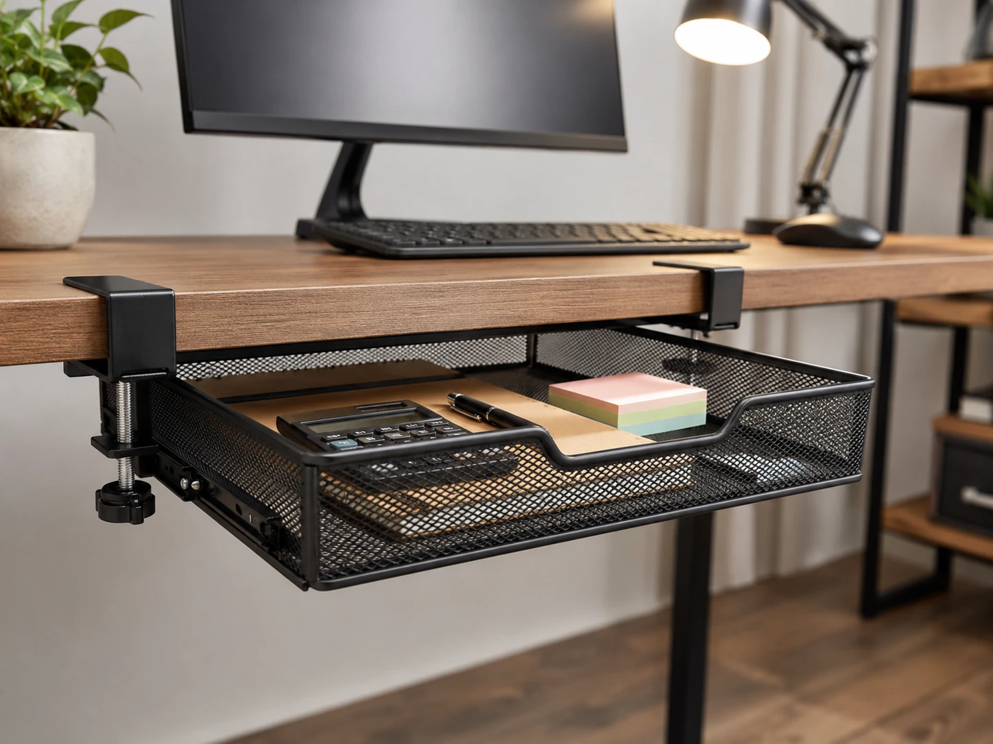 Homeify Under Desk Drawer Organizer Clamp-On, Mesh Metal, 1 Drawer, No Drill, Black