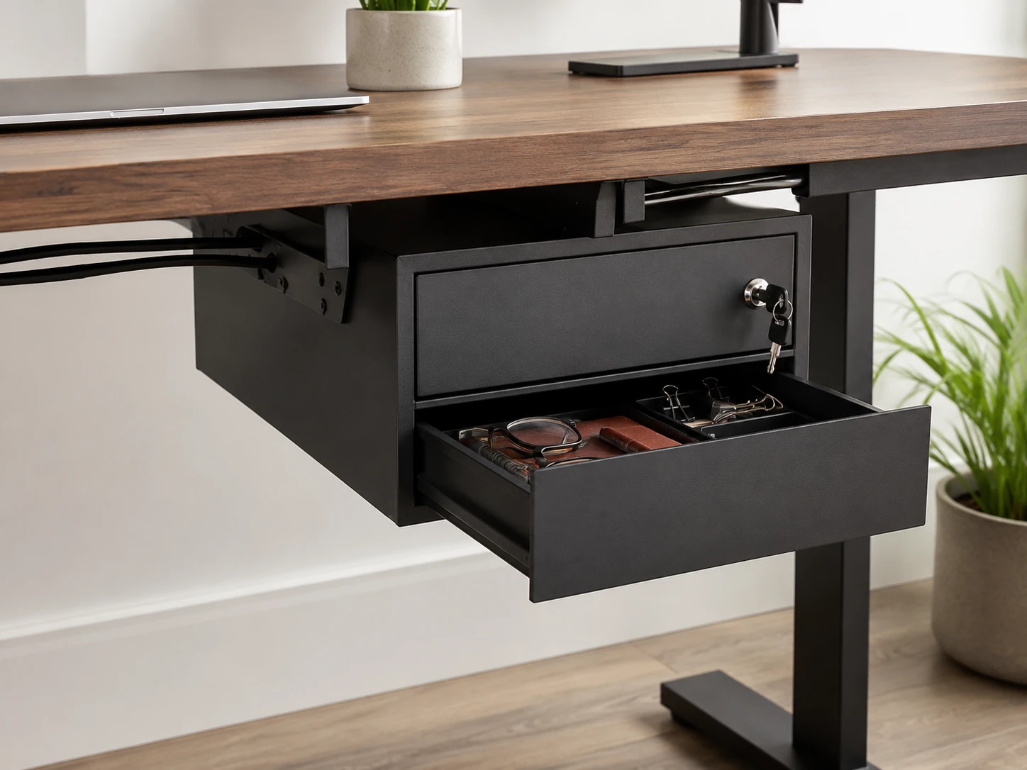 Under Desk Drawer Slide-Out, Lockable Metal Storage with Cable Management, Double Drawers