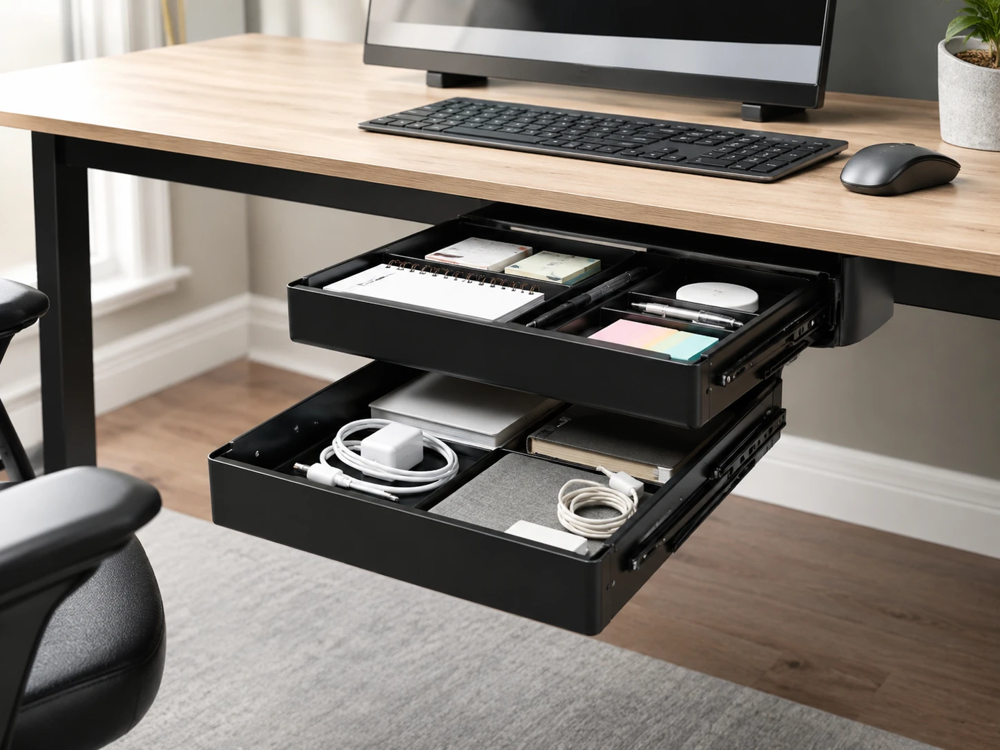 VIVO 16 inch Slide Out Dual-Tier Desk Drawer, Under Desk 2-Layer Storage, Black