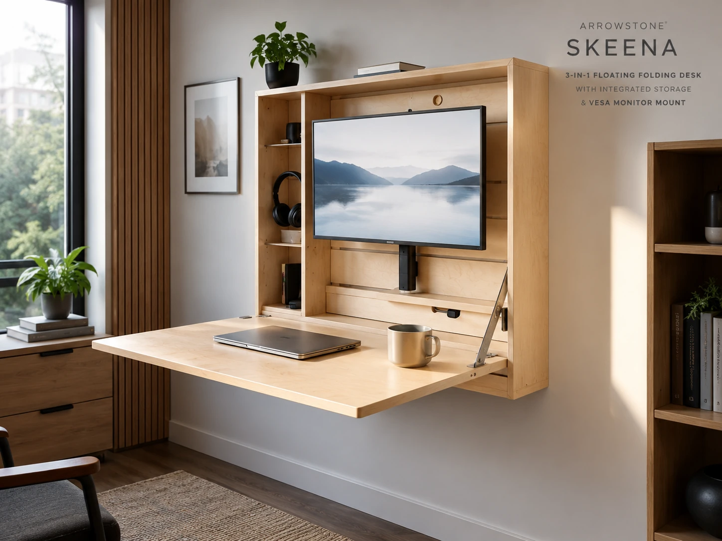 ARROWSTONE SKEENA Wall-Mounted Desk, Fold-Down, VESA Monitor Mount, 31 inch, Birch Wood