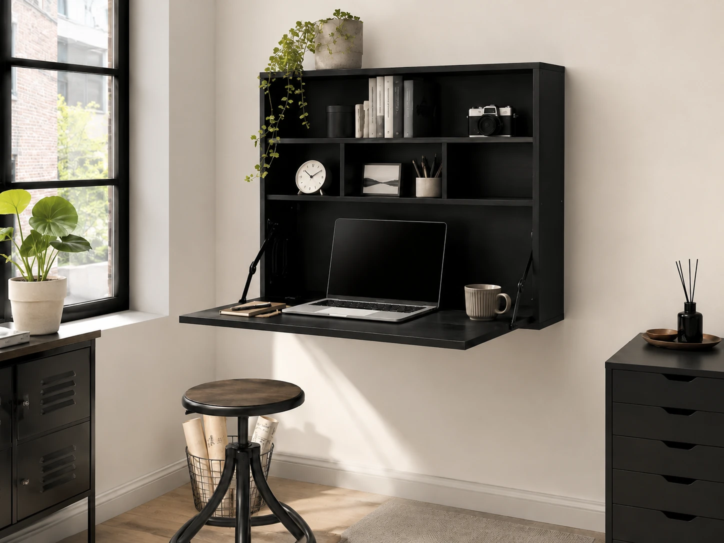 Haotian SoBuy Wall Mounted Folding Desk, Storage Shelves, Black, FWT18-SCH