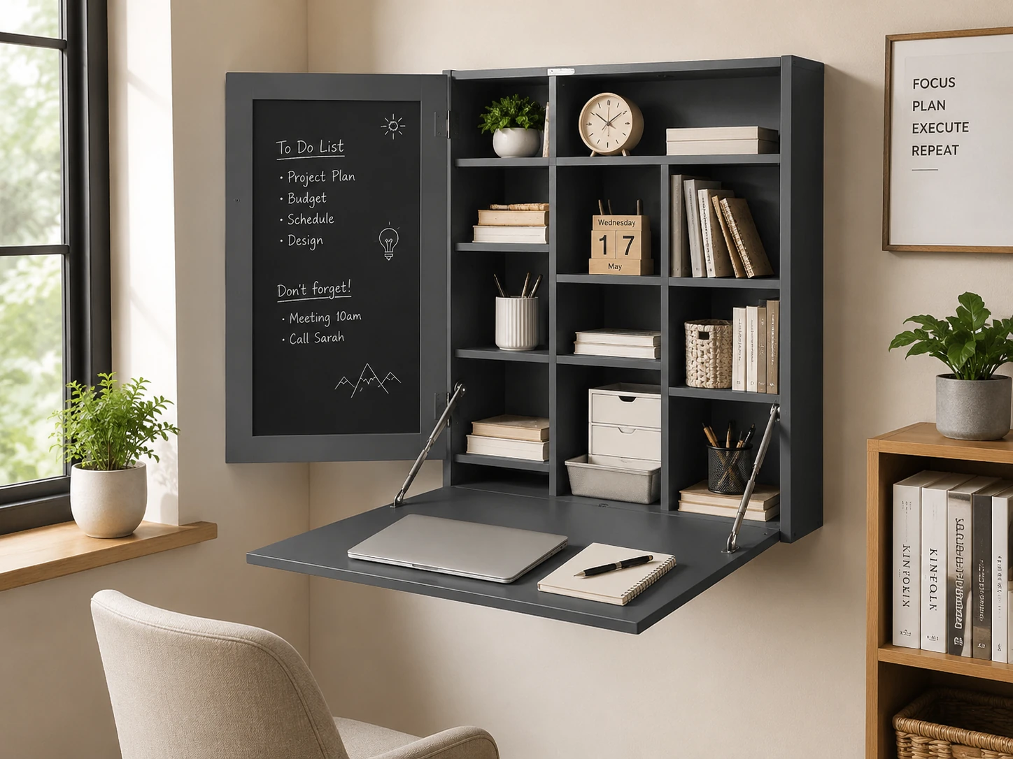 HOMCOM Foldable Wall Mounted Desk, Integrated Chalkboard, 9 Storage Shelves, Charcoal Gray