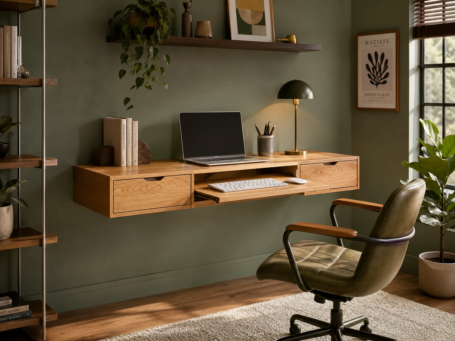 Modway Render Mid-Century Modern Wall Mount Office Desk, 60 inch, Keyboard Tray and 2 Drawers, Oak