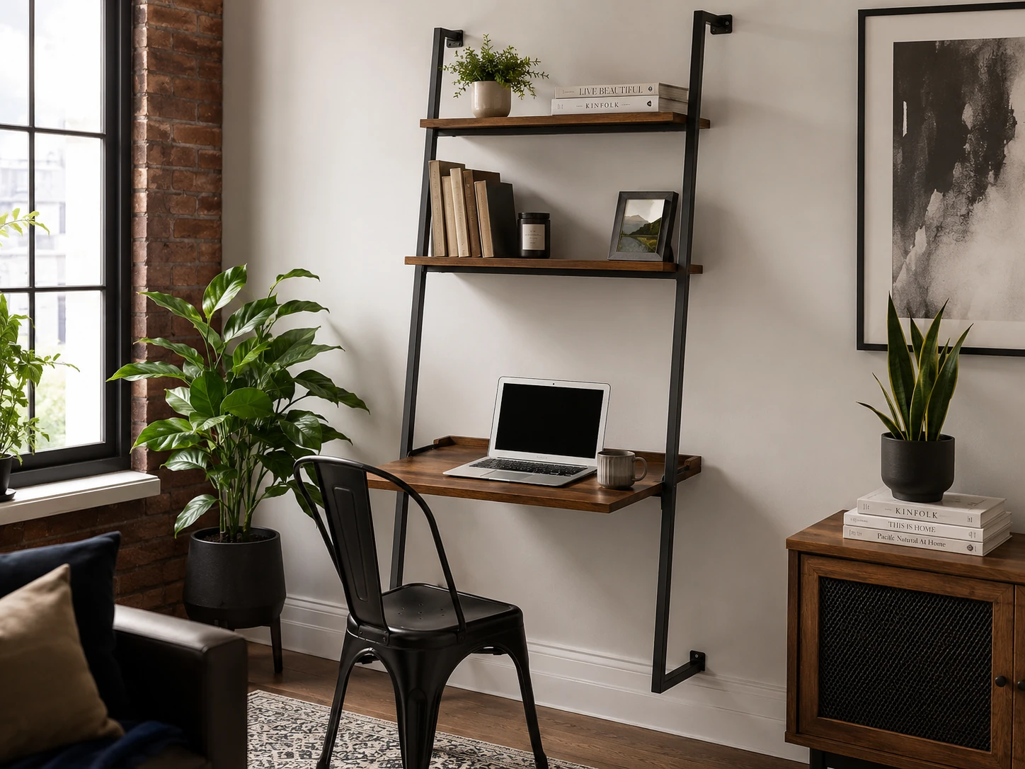 Nathan James Theo 2-Shelf Industrial Wall Mount Ladder Desk, 30W x 73H inch, Nutmeg Brown and Matte Black