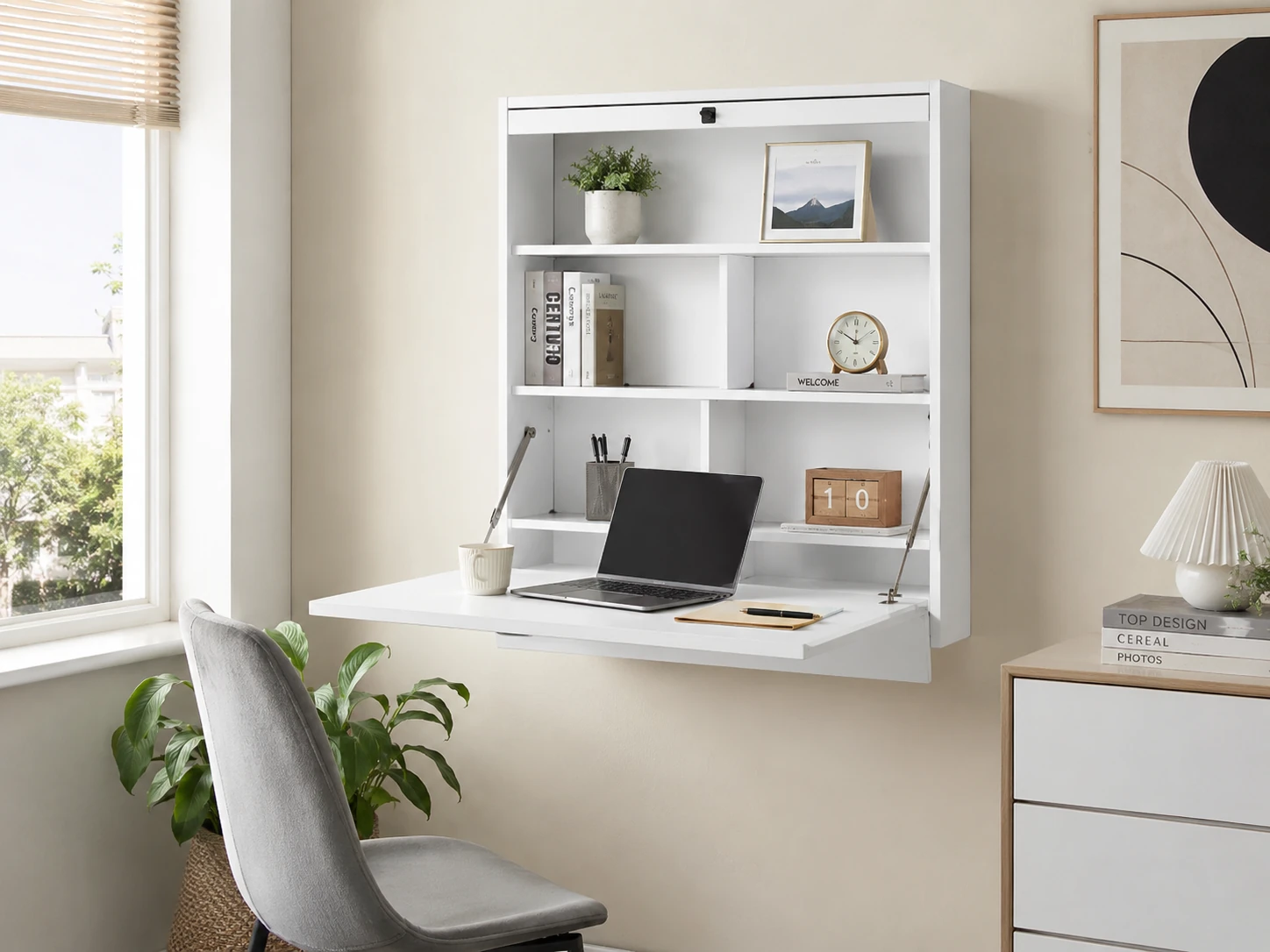 Tangkula Folding Wall Mounted Desk, Storage Shelves, Murphy Style, White
