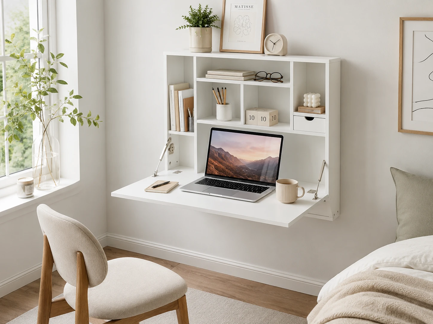 YUSING Wall Mounted Fold Down Laptop Desk with Enclosed Storage Compartments, White