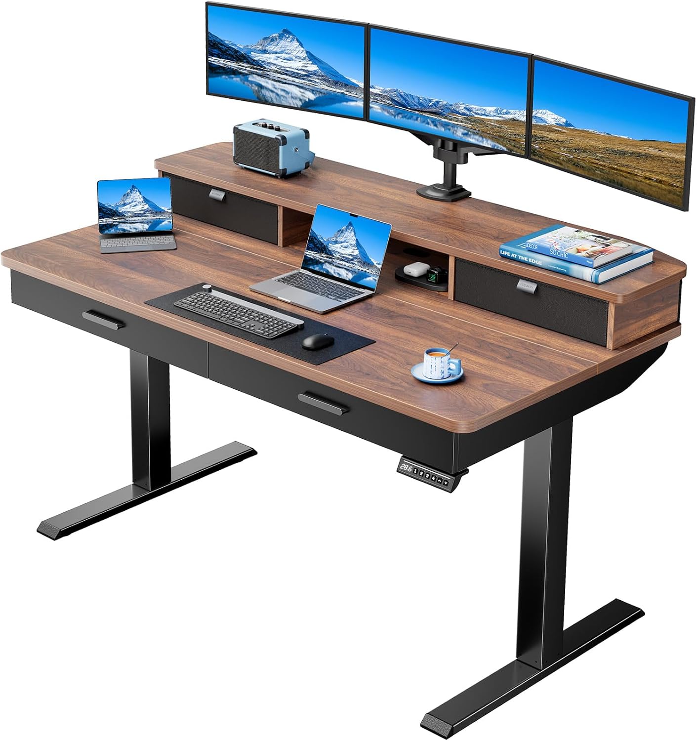 HUANUO 55x30 inch Walnut Standing Desk with 4 Drawers