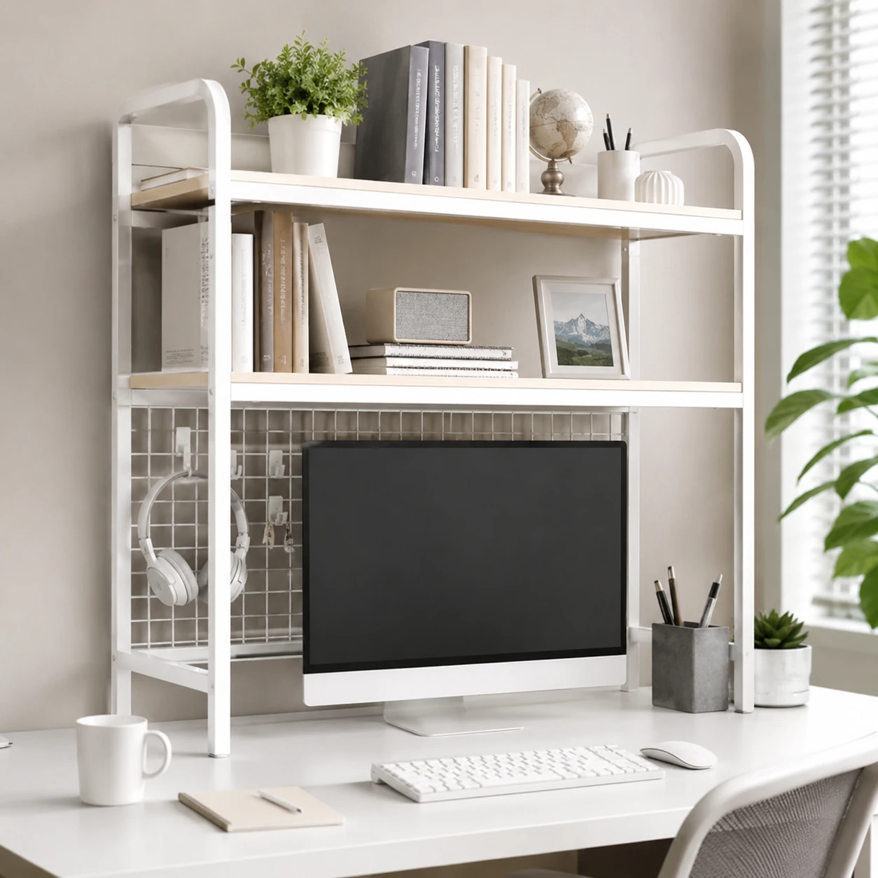 IOTXY 2-Tier Desktop Hutch with Grid Panel, White